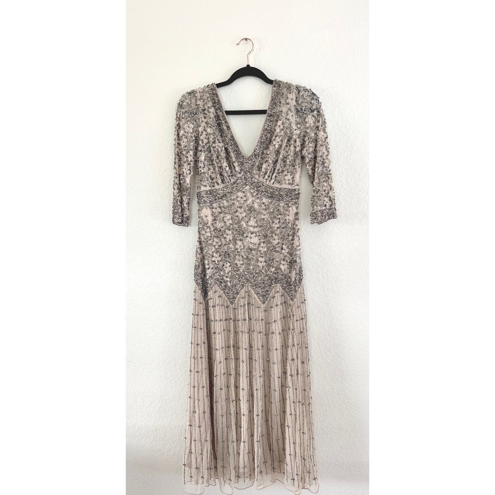 Pizarro Nights Maxi Gown Rayon Lace Beaded Sequin Champagne Silver Art Deco 2